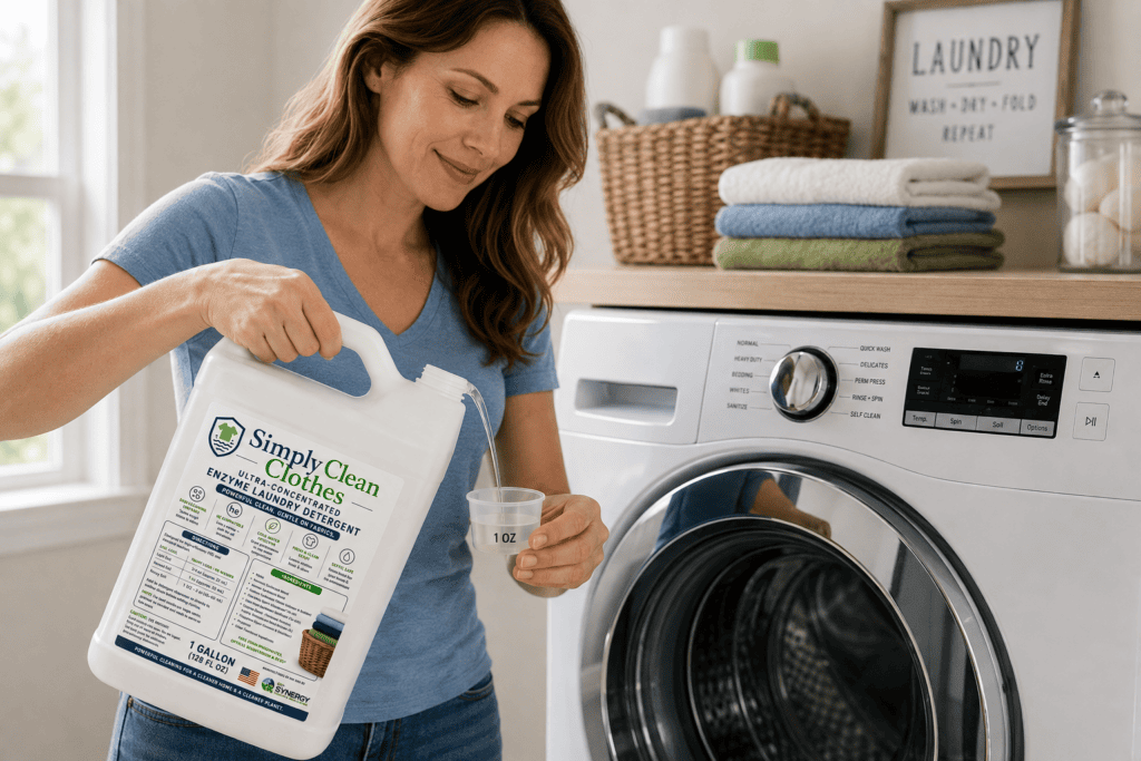 A woman prepares to use Simply Clean Clothes to launder her clothing.