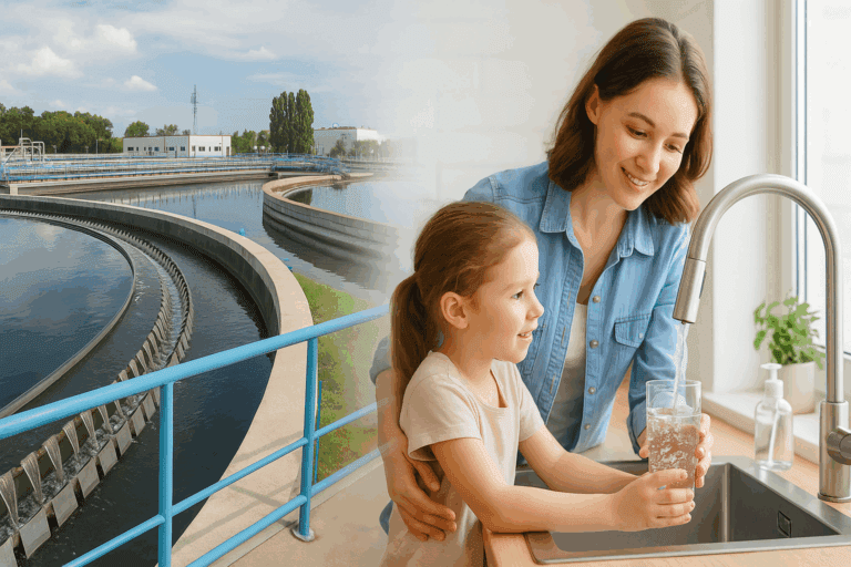 A mother draws tap water for her daughter