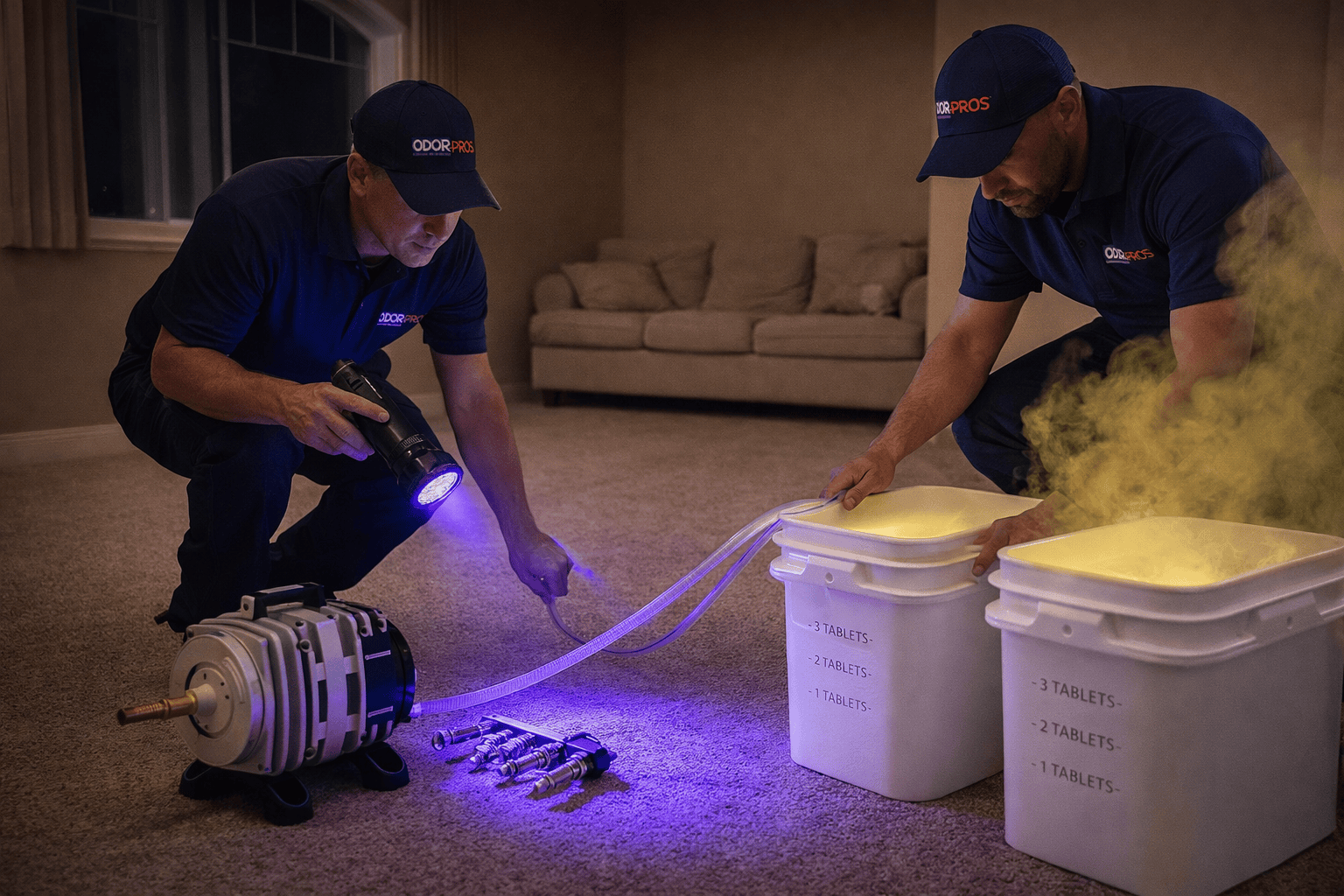 Two technicians set up a room for odor removal